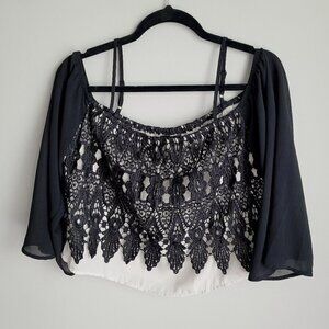 Jealous Tomato Black Crochet Lace Off Shoulders Flare Sleeve Boho Crop Top